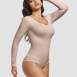 Seamless Crew Neck Long Sleeve Corset Bodysuit Tops Stretch Triangle Jumpsuit