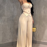 Strapless Mesh Cutout Corset Wide-Leg Jumpsuit