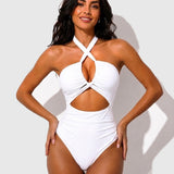 Cross Halter Ruched Front Cutout Backless One Piece Swimsuit