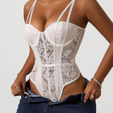 Women's Sexy Lace Patchwork Bodysuit Mesh Bustier Breathable Overbust Shapewear