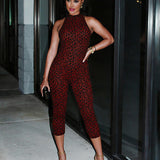 Leopard Print Halter Neck Open Back Capri Jumpsuit