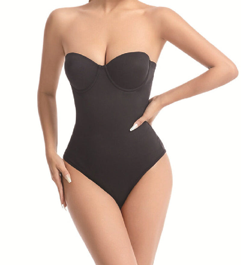 Women's Strapless Built-in Bra X Cross Tummy Control Bodysuit