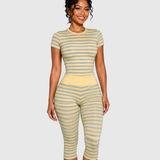 Striped Crew Neck Short Sleeve Crop Top Capri Leggings Two Piece Set
