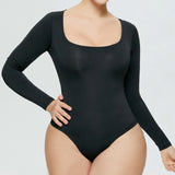 Women's Seamless Square Neck Long Sleeve Bodysuits Sculpting Thong Bottoming Shirt Body Shaper