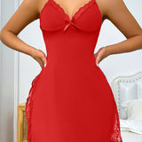 Sexy Lace Trim Slit Lingerie Sleeping Dress Body Shaping Bow Cami Midi Nightgown