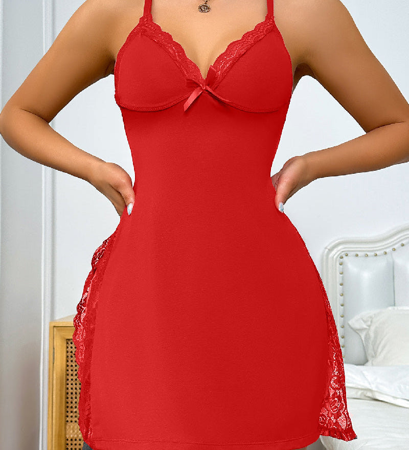 Sexy Lace Trim Slit Lingerie Sleeping Dress Body Shaping Bow Cami Midi Nightgown