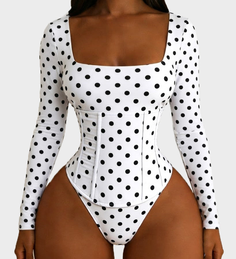 Polka Dot Square Neck Long Sleeve Bodysuit Detachable Corset Two Piece Set