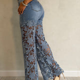 High Waist Floral Lace Hollow Out Spliced Flare Jeans
