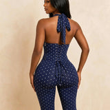 Hourglass Figure Body Shaper Waist Cincher Polka Dot Capri Jumpsuit Two-Piece Set
