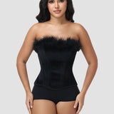 Black Velvet Feather Trim Strapless Corset Top with Lace Up Back