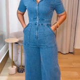 Women's Casual Short Sleeve Loose Straight Leg Denim Jumpsuits with Pockets