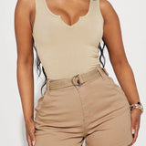 Solid Notched Neck Ribbed Sleeveless One Piece Bodysuit Shapewear