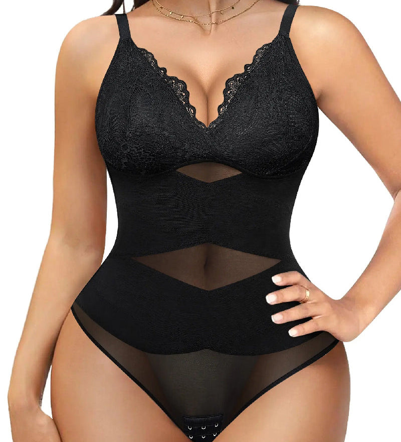 Women's Tummy Control V Neck Thong Bodysuit Corset Sculpting Lace Camisoles Shapewear