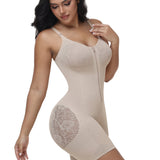 High Compression Adjustable Strap Mid Thigh Front Zipper Lace Full BodyShapewear