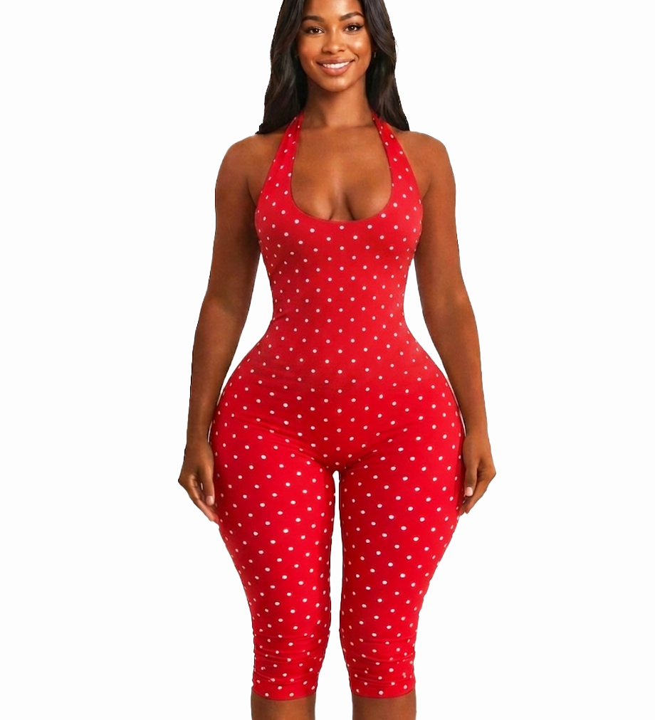 Halter Tie Open Back Polka Dot  Slim Waist Capri Jumpsuit