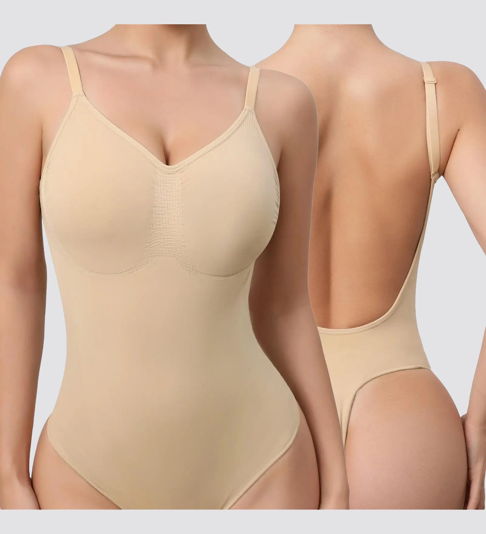 Seamless Deep Open Back  Adjustable Strap Tummy Control Thong Shapewear Bodysuit