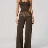 Two Piece Workout Set Halter Cami Crop Top with Wide Leg Pants