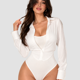 Solid Casual Button Up Shirt Bodysuit