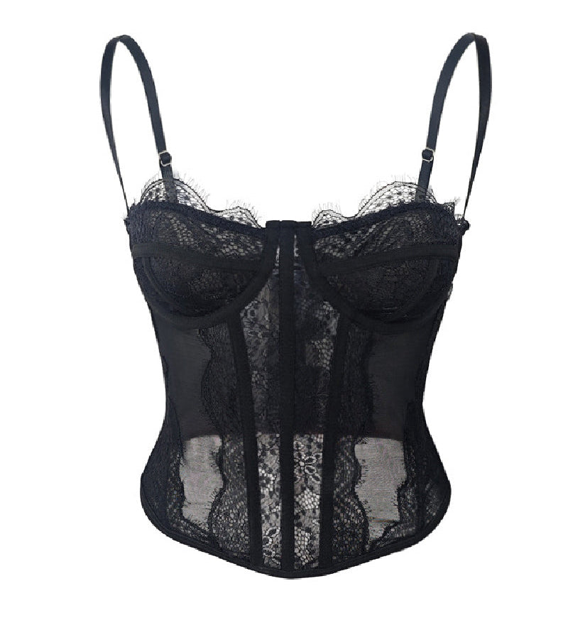 Women's Lace See-through Push Up Corset Bustiers Tops Boned Suspender Sexy Crop Tops