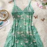 Sexy Lace Trim Slit Lingerie Sleeping Dress Body Shaping Bow Cami Midi Nightgown