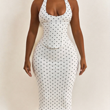 Polka Dot Corset Halter Midi Dress with Lace-Up Back