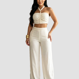 2 Piece Braided Trim Two Piece Outfit with Flared Trousers
