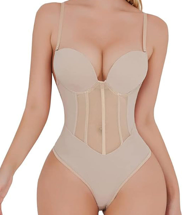 Sexy Mesh Shapewear Corset Backless Thong Bodysuit With Built-in Bra