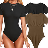 Women Sexy Ribbed Round Neck Short Sleeve Tummy Control Thong Bodysuit