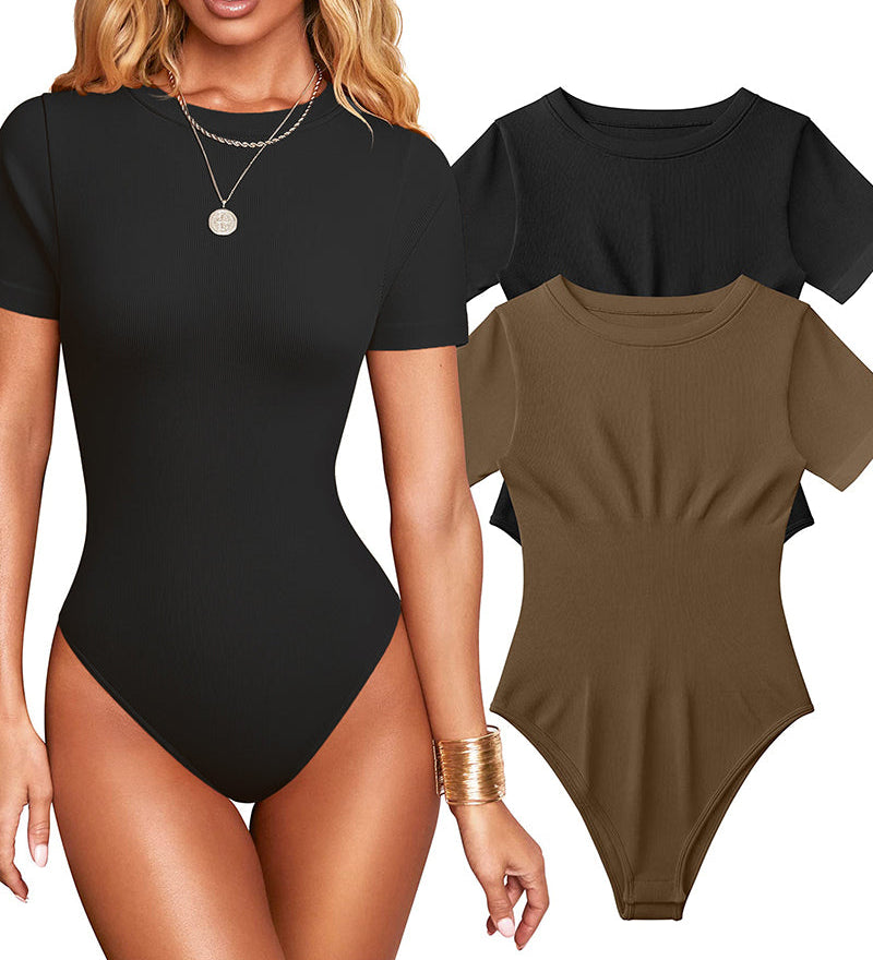 Women Sexy Ribbed Round Neck Short Sleeve Tummy Control Thong Bodysuit