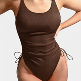 Solid Color Square Neck Adjustable Strap Side Drawstring One Piece Swimsuit