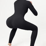 Zip Up Long Sleeve Fleece Skinny Jumpsuit Winter Thermal One-piece Fitness Bodysuit