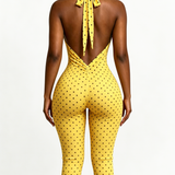 Polka Dot Halter Neck Backless Slim-Fit Stretch Capri Jumpsuit