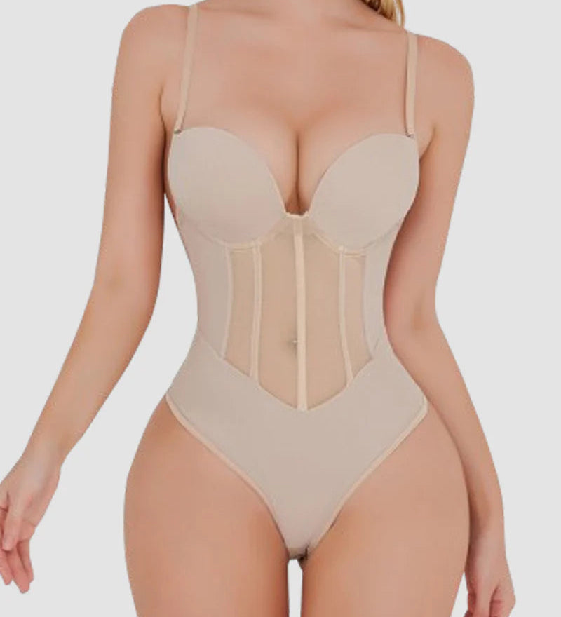 Women's Tummy Control Thong Sheer Mesh Corset Top Backless Bodysuits