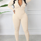 Women's Sexy Ribbed Long Sleeve Zipper Jumpsuits Casual Solid Bodycon Rompers