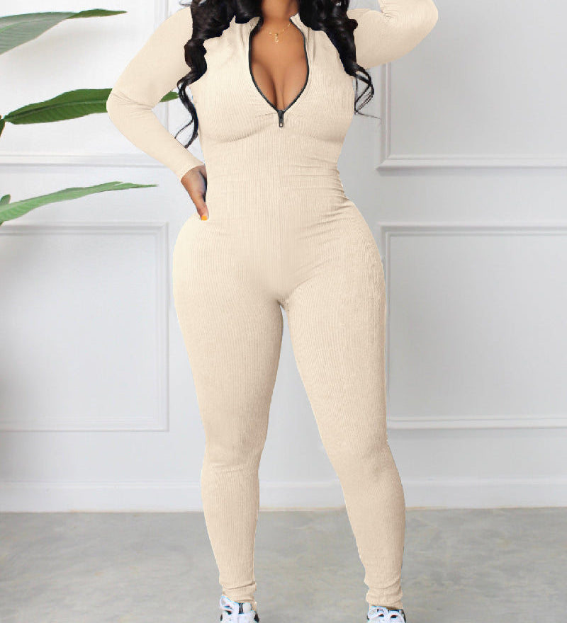 Women's Sexy Ribbed Long Sleeve Zipper Jumpsuits Casual Solid Bodycon Rompers