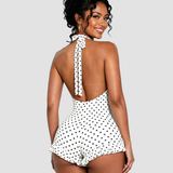 Polka Dot Halter Neck Ruffle Hem Romper Swimsuit