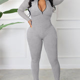 Women's Sexy Ribbed Long Sleeve Zipper Jumpsuits Casual Solid Bodycon Rompers