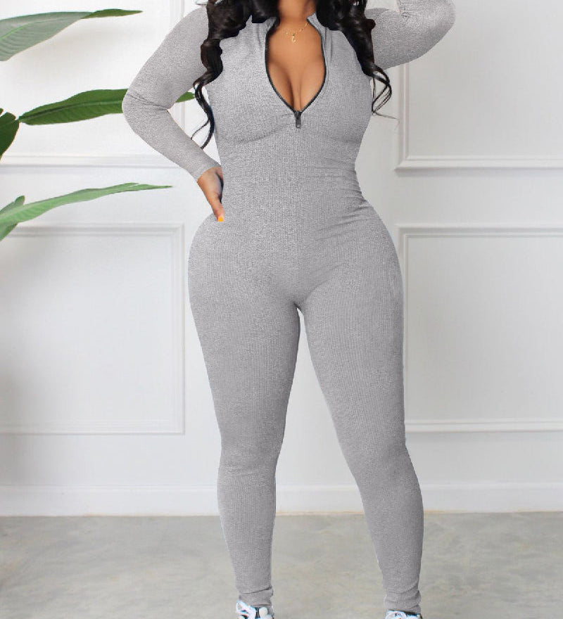 Women's Sexy Ribbed Long Sleeve Zipper Jumpsuits Casual Solid Bodycon Rompers