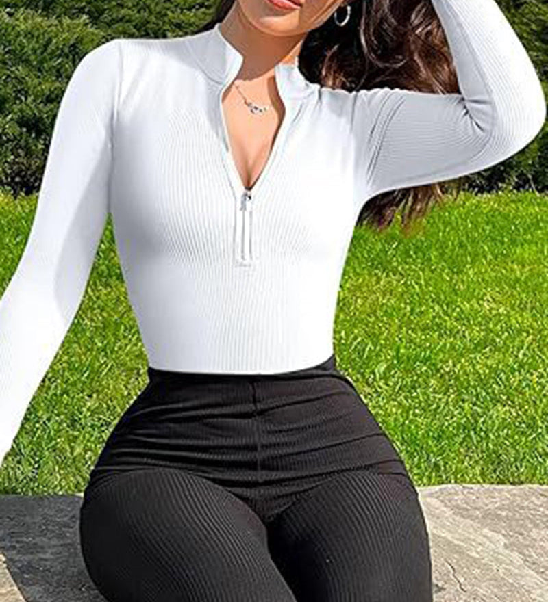 Zipper Front Long Sleeve Sexy Ribbed Triangle Bodysuit
