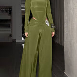 Two-Piece Set Turtleneck Side Cutout Rhinestone Wide Leg Pants