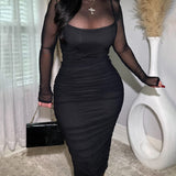 Women's Ruched Mesh Sheer Mock Neck Long Sleeve Midi Bodycon Dress
