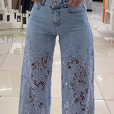 Sorelyne® Cut out Floral Denim with Lace Wide Leg Jeans for Women