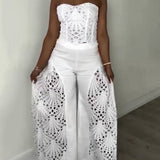 Elegant Strapless Floral Eyelet Cutout Top & Wide Leg Pants Set