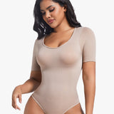 Seamless Short Sleeve Thong Bodysuit Tummy Control Round Neck Body Shaper