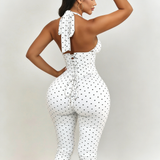 Hourglass Figure Body Shaper Waist Cincher Polka Dot Capri Jumpsuit Two-Piece Set