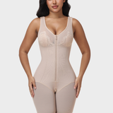 V Neck Lace Mesh Panel  Mid Thigh Tummy Control Bodysuit Zipper Shapewear