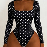 Polka Dot Square Neck Long Sleeve Bodysuit Detachable Corset Two Piece Set