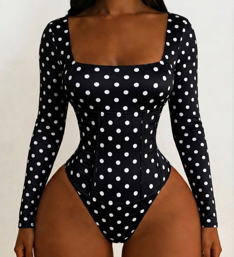 Polka Dot Square Neck Long Sleeve Bodysuit Detachable Corset Two Piece Set