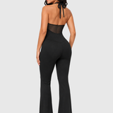 Front Drawstring Halter Mesh Back Flare Leg Jumpsuit