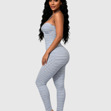 Grey White Stripe Halter Ruched Bust Backless Skinny Full Length Jumpsuit